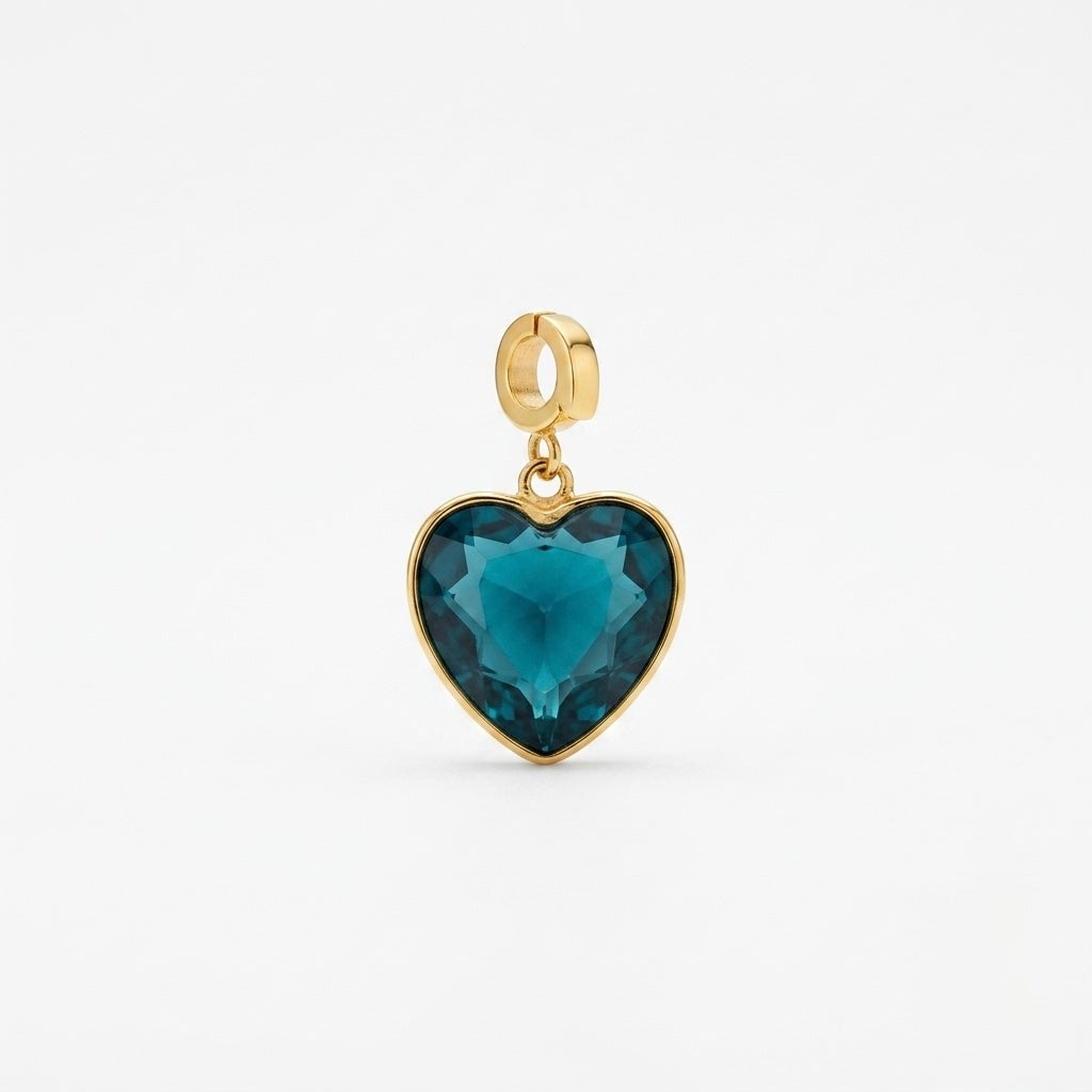 Orenza Blue Crystal Heart Charm – Faceted Teal Gold Bezel Charm