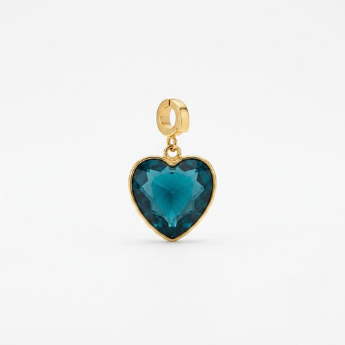 Orenza Blue Crystal Heart Charm – Faceted Teal Gold Bezel Charm