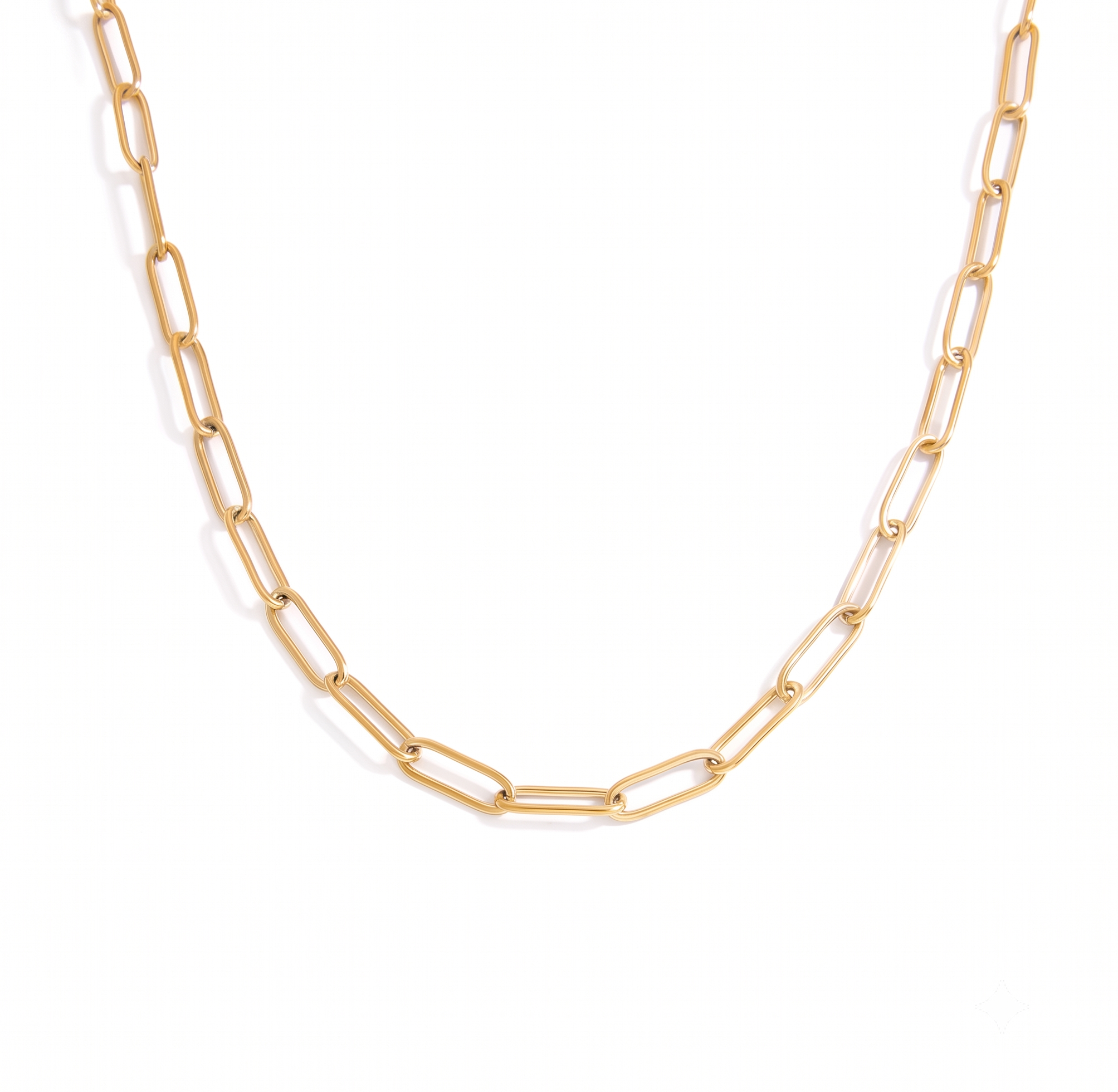 A gold paperclip chain necklace displayed on a clean white background.