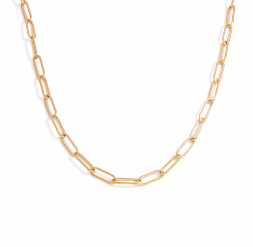A gold paperclip chain necklace displayed on a clean white background.
