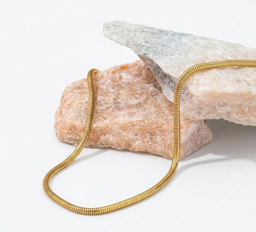 A gold snake chain necklace draped over stacked pink and white crystals on a clean white background.