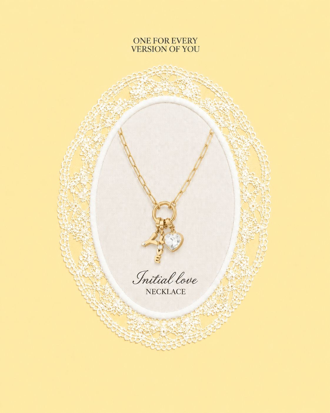 Gold necklace with a heart pendant on a yellow background