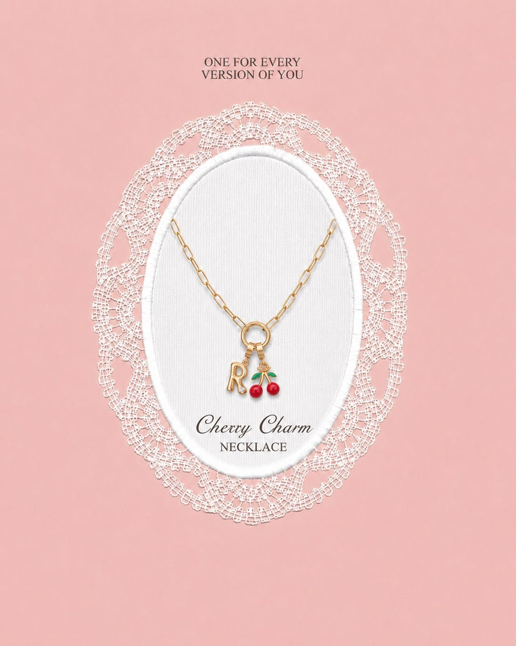 Necklace with cherry charm on a pink background