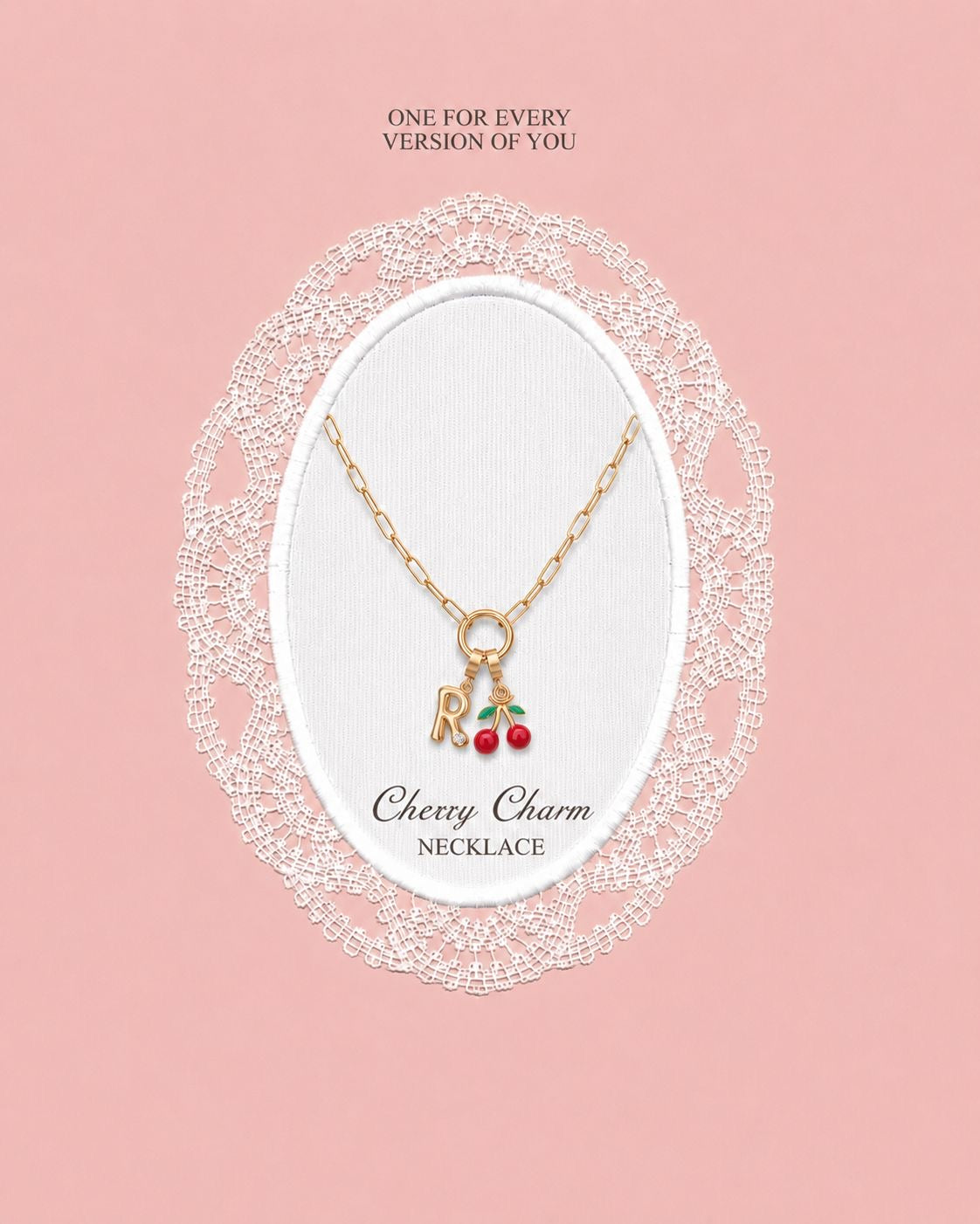 Necklace with cherry charm on a pink background