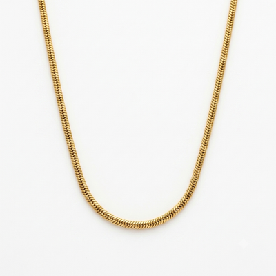 A close-up of a gold-toned chain necklace, shown draped in a U-shape against a plain white background.